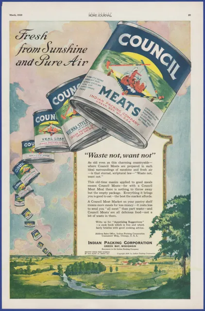 Vintage 1920 COUNCIL MEATS Canned Indian Packing Art Ephemera 20's Print Ad