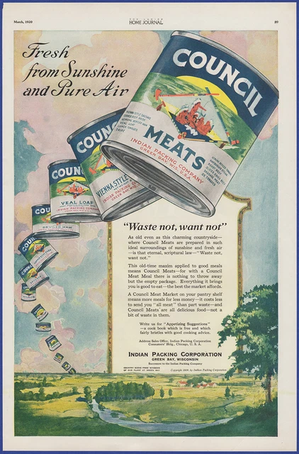 Vintage 1920 COUNCIL MEATS Canned Indian Packing Art Ephemera 20's Print Ad