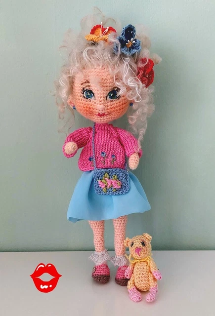 Amigurumi Puppe 30 cm + Bärchen 7 cm, Handarbeit gehäkelt, Mohairhaare, UNIKAT
