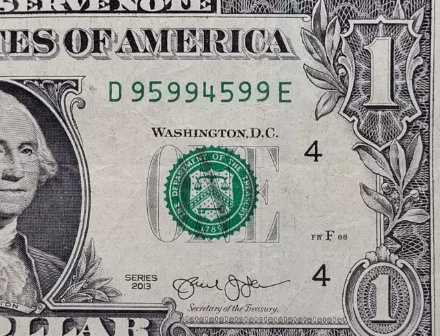 $1 Dollar 5 of a kind 9's High Serial Number D95994599E 2013 Fancy Serial Number