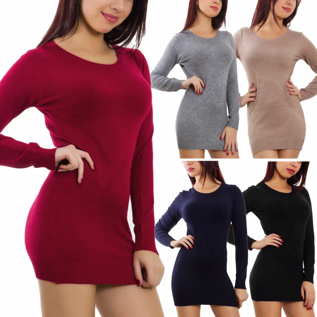 Maglione donna lungo scollo tondo miniabito aderente pullover inverno sexy 2099