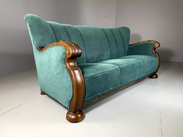 EB5372 Vintage Danish Antique Shell Back Sofa, Oak Detail, 1920s 1930s,