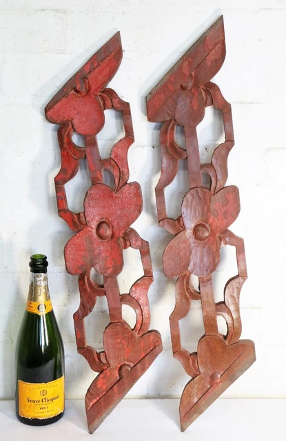 Tibetan Architectural Salvage Two Large Carved Antique Wooden Panels Dark Red