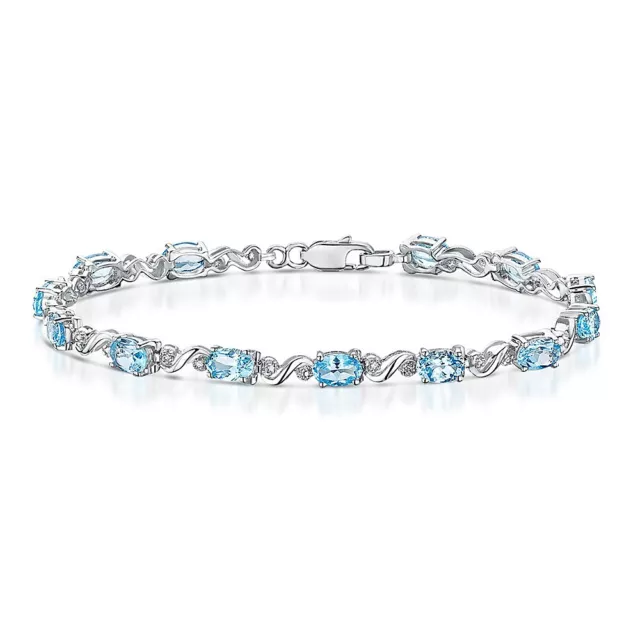 Argent Sterling Bracelet Topaze Bleu et Diamant Bracelet Torsadé 47cm Poinçonnée