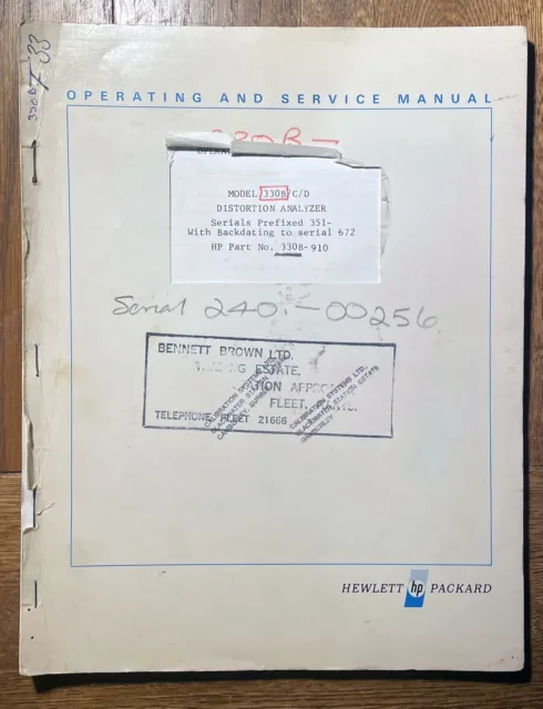 HP 330B / C / D Distortion Analyzer Operating and Service Manual 1959