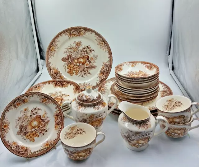 Vintage "Gold Fruit" Dinnerware ~ 36 Pieces ~ Unmarked ~ Brown and Tan Fruit