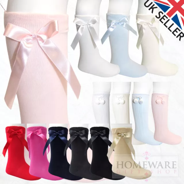 Girls Boys Knee High Spanish Socks Bow & Pom Pom Baby Kids Uk Shoe Size Pex Sale