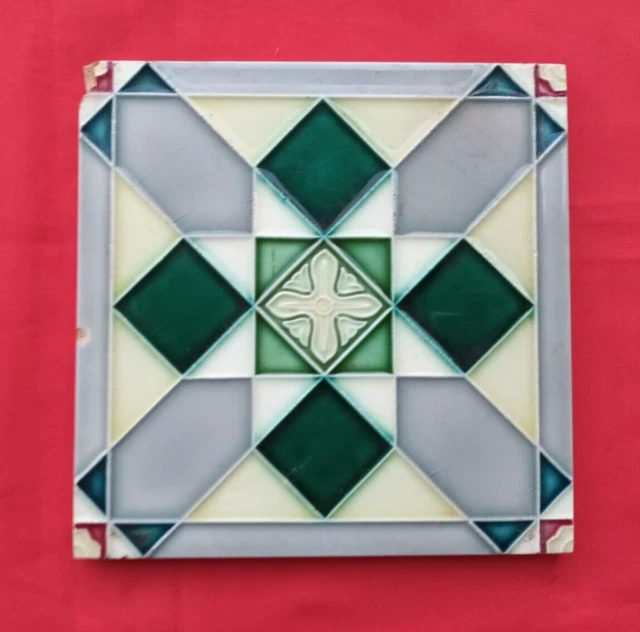 1 Piece Old Art Flower Design Embossed Majolica Ceramic Tiles Japan 0256