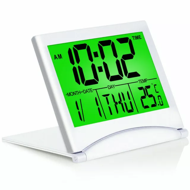 Digital Travel Alarm Clock - Foldable Calendar Temperature Timer LCD Clock Light