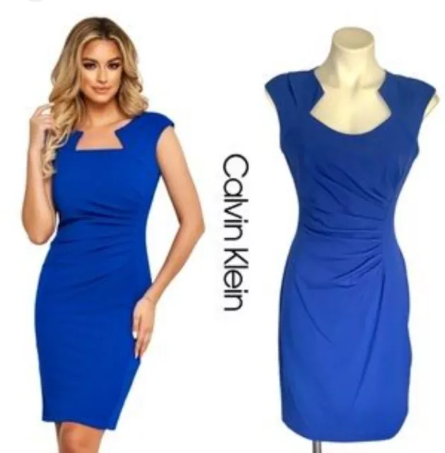 CALVIN KLEIN Dress Size 12 Cap-sleeve Blue Ruched Cutout Neckline Office Sheath