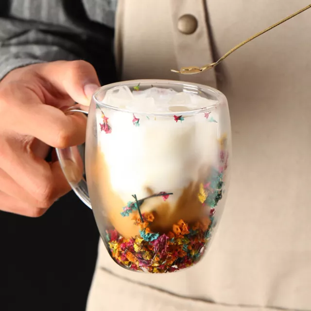 350ML Double Wall Insulated Glass Coffee Mugs Tea Cup with Handle & Flower Decor