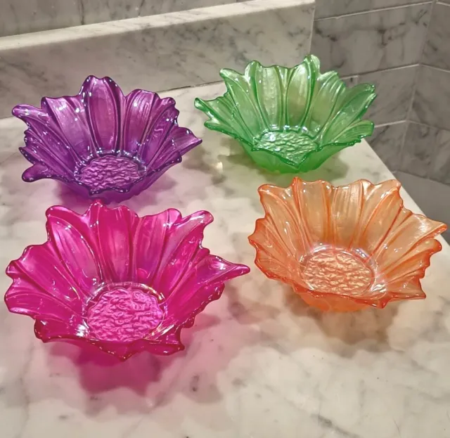 💥 Akcam Set Of 4 Iridescent Frosted Flower Shape Art Glass Bowls Handmade 💥