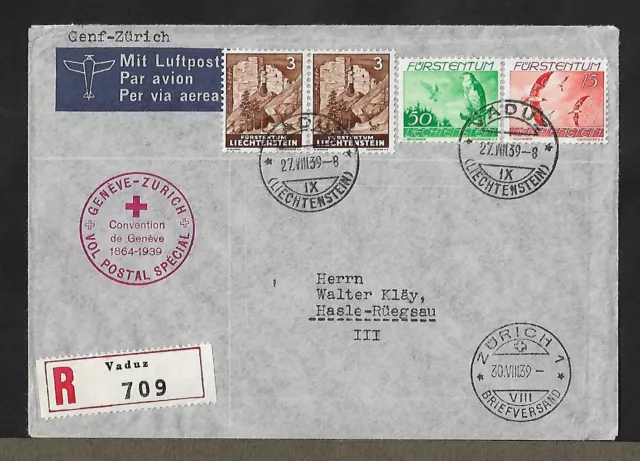 Liechtenstein To Switzerland Air Mail Regd. Geneva Convention Cover 1939