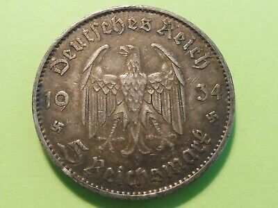 Rare  Ancienne Monnaie  Allemagne 5 Mark Reich 1934A / Argent  - A Collectionner