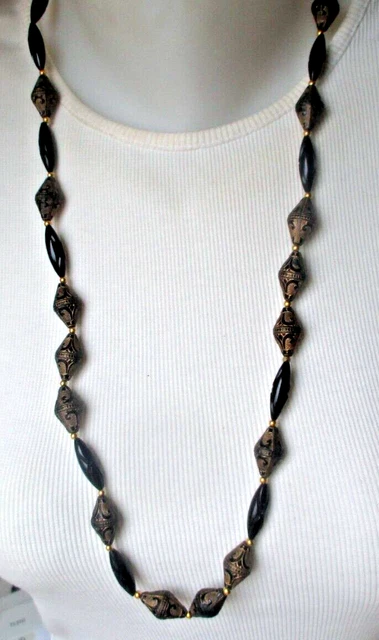 Collier Sautoir Vintage Perles Porcelaine Beige Marron - Parfait état, Bijou Femme élégant