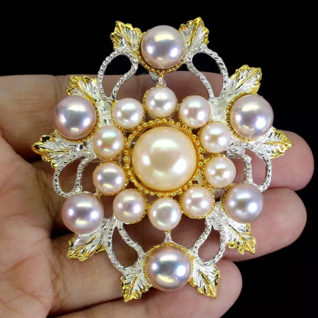 Round White Pearl 13mm 925 Sterling Silver Brooch Big Pendant 57x55mm