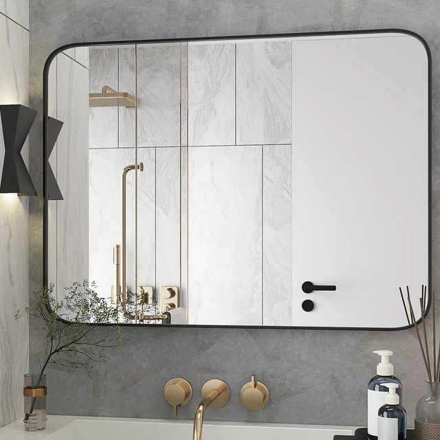 BATHROOM RECTANGULAR WALL Mounted Mirror with Black Metal Frame Vanity