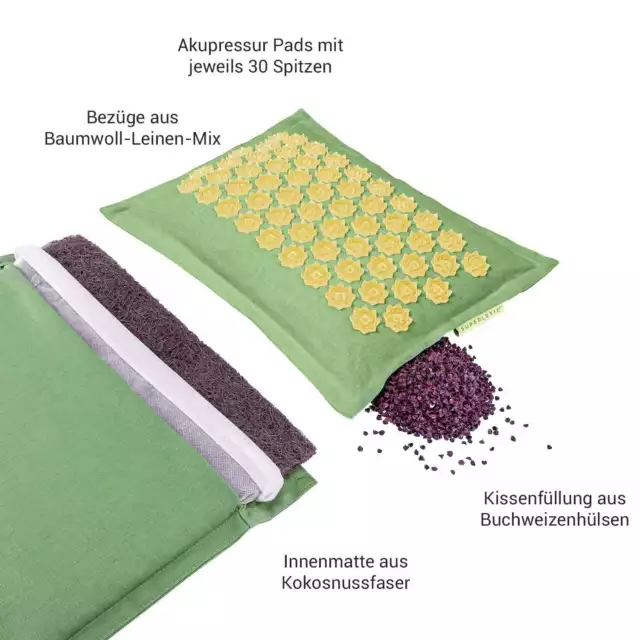 Tappetino digitopressione con cuscino cotone lino set digitopressione massaggio verde 2