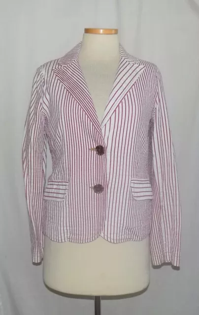 CAbi Ivory & Red Striped Stretch Cotton Seersucker 2-Button Blazer Jacket 12