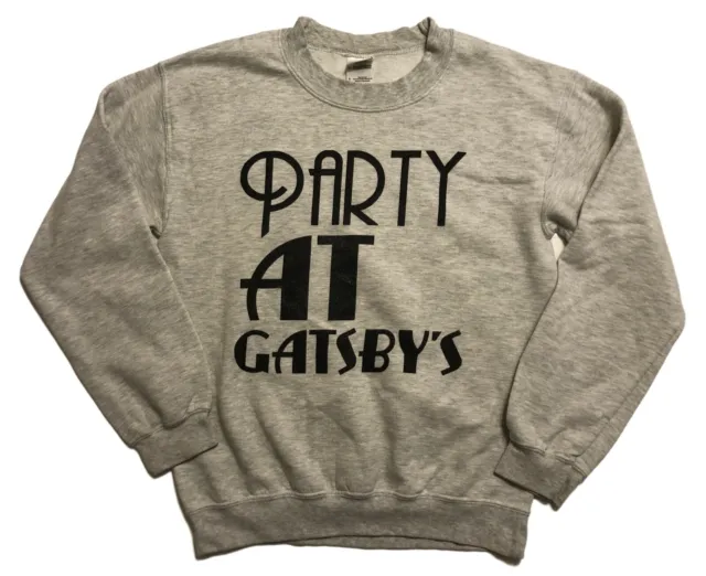 vtg Mens Gildan Heavyweight 'Party at Gatsby's Crew Sweatshirt Sz S Light Gray