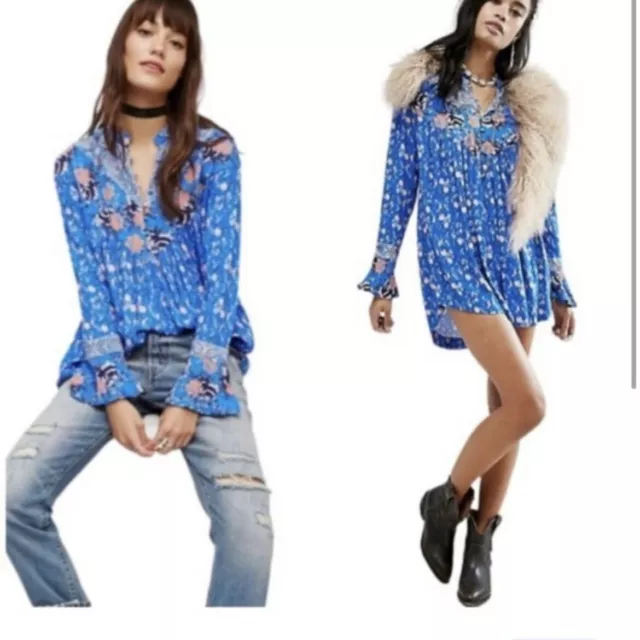 Free People Womens Wildflower Fields Printed Tunic Top Size Small Blue