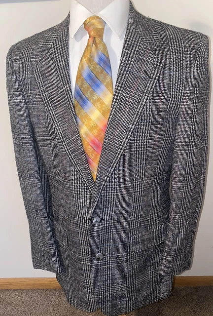 Vintage Kingridge Sz 40R Black Gray Plaid 100% Silk Blazer Sport Coat Jacket