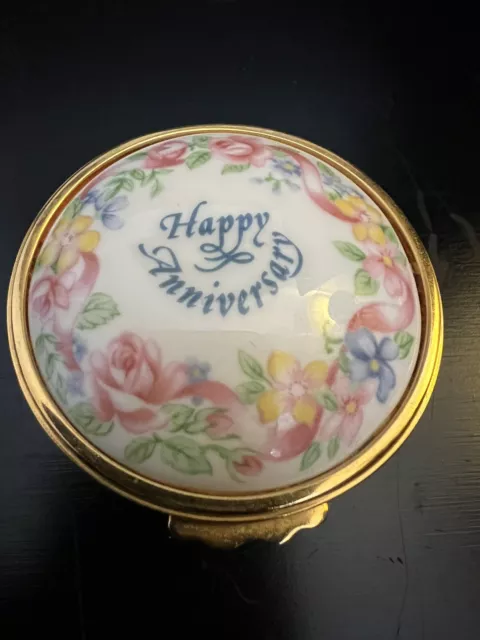 Object D'Art Trinket Box Happy Anniversary Roses Pink Ribbons Limoges Type 2