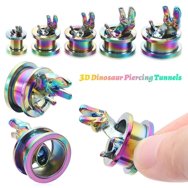 3D Dinosaur Piercing Tunnels Rainbow Surgical Steel Stretcher Plugs Jewelry