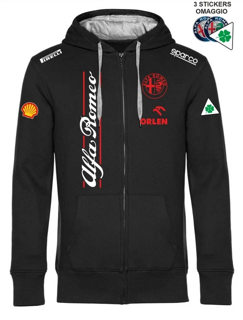 Felpa ZIP Cappuccio ALFA ROMEO Racing Team replica corse GP scuderia+3 stickers