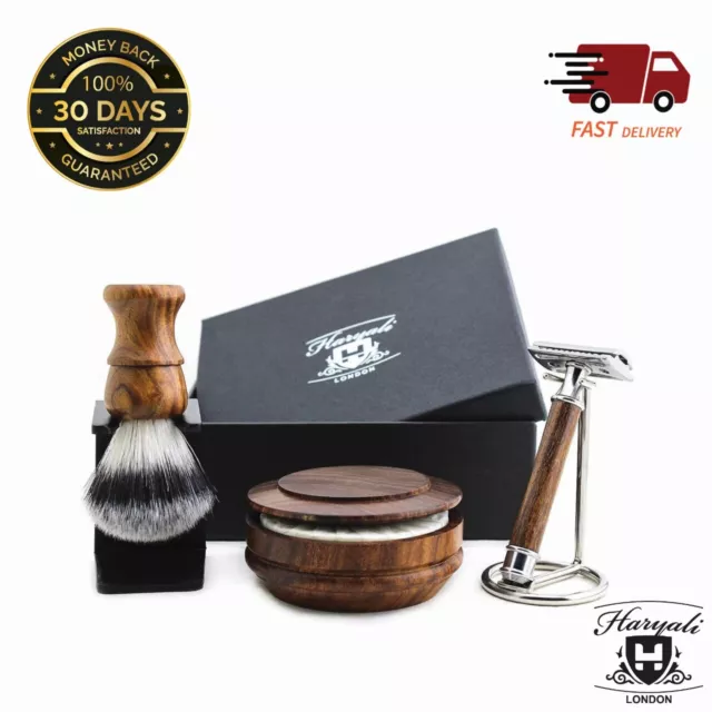 Wood Shaving Set Kit Brush DE Safety Razor, Badger Brush Stand Bowl Soap For Men