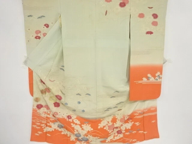 37544# Japanese Kimono / Antique Furisode / Embroidery / Shochikubai & Kiku