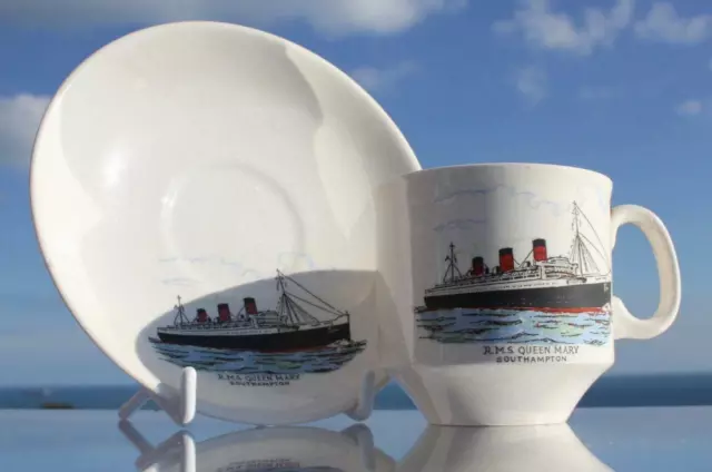 Cunard White Star Line Rms Queen Mary As Sold Onboard Cup & Saucer C-1950'S