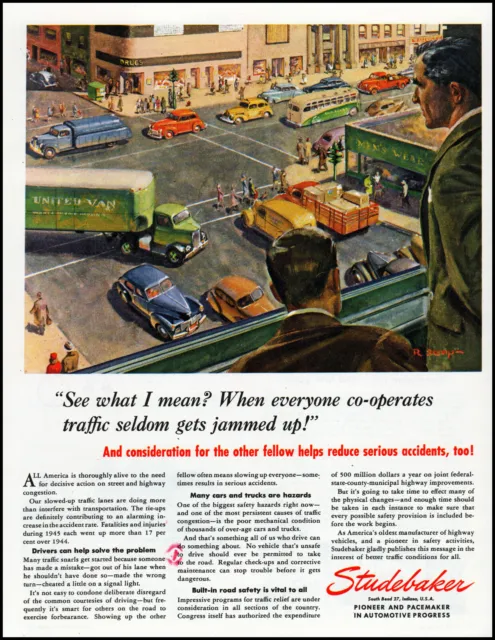 1946 Studebaker Car USA Big City Traffic Jam truck bus vintage art print ad LA8