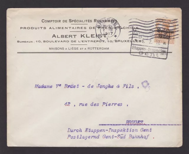 BELGIUM 1917, Cover to Bruges, German occip., "Stage inspection Gent" mark, WWI