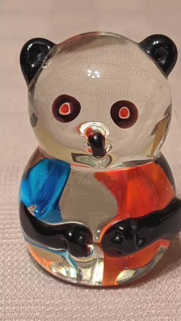 Vintage Hand Blown Art Glass Panda Bear Paperweight Figurine Blue Red Flowers