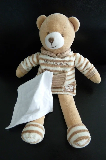 *. DOUDOU ET COMPAGNIE PELUCHE MON DOUDOU OURS marron rayé beige mouchoir TTBE