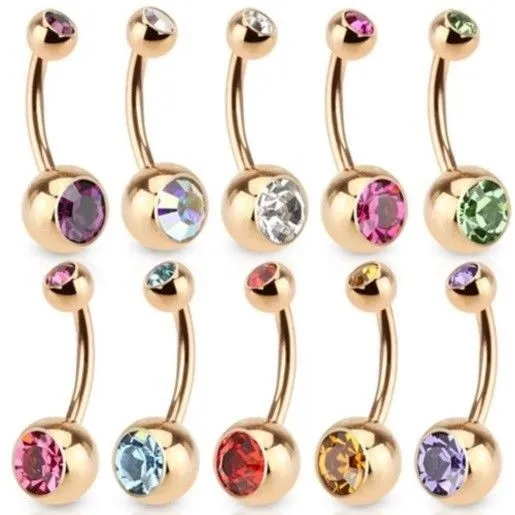 Double Cz Gem Rose Gold-Tone Ip Steel Belly Navel Ring Button Piercing Jewelry