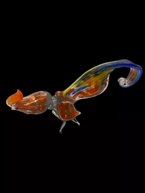 Multi Colored Hand Blown Glass Rooster Figurine w/ Long Swirled Tail