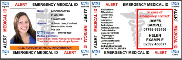 Emergency Medical Information and Contact Card - PVC CR80 Card 85 x 54 mm