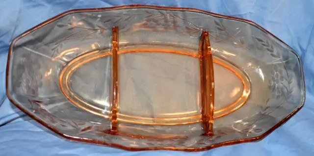 Vintage Fostoria Fairfax Pink Etched Glass 3 Part Oval Relish Dish / Clean