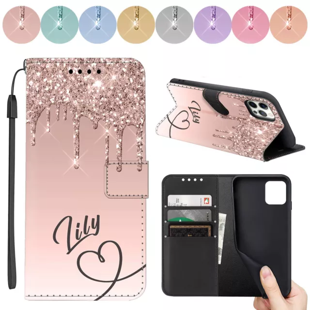 Wallet Case Leather Cover Personalised Name For iPhone 15 14 13 Pro Max 12 11 XR