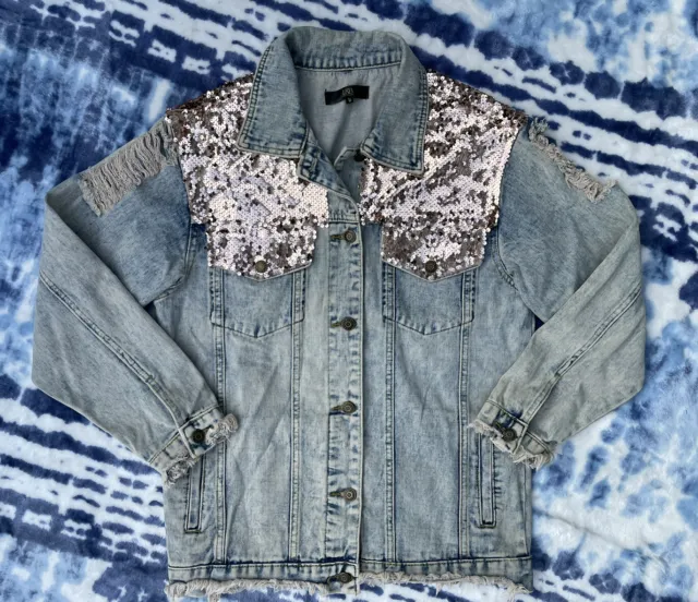 L&B Lucky & Blessed Jacket Denim Sequin Distressed Size Small