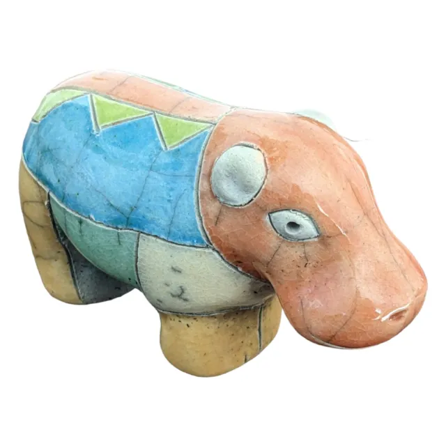 South African Raku Studio Pottery Multicoloured Hippo Animal Figure SIGNED
