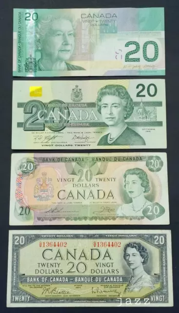 RARE SET of 4 CANADIAN OLD PAPER BANKNOTES $20 DOLLAR BILLS 1954 1979 1991 2004