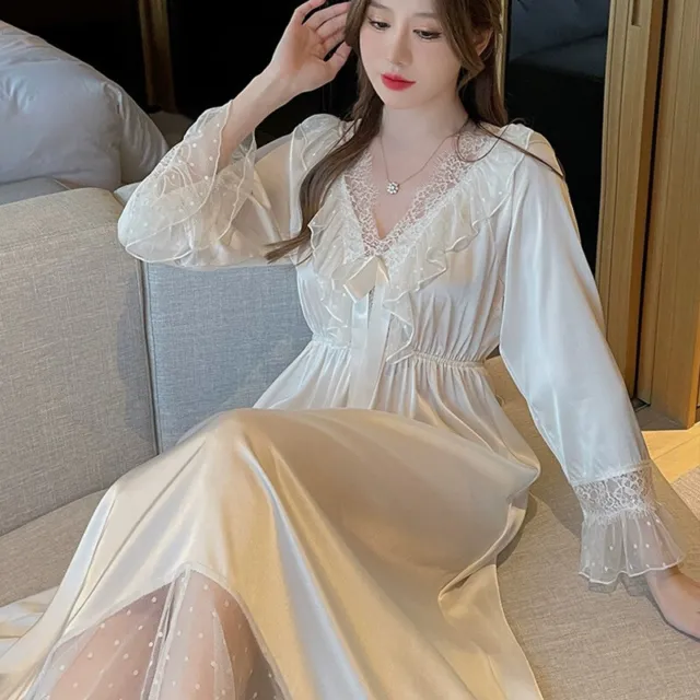Ladies Vintage Nightgown Nightdress Satin Silk Sleepwear Long Sleeve Night Dress