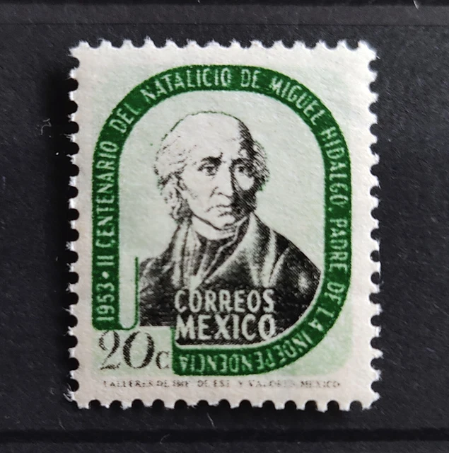 MEXICO 1953 Sc 873var 20c HIDALGO GREEN & BLACK PROOF w/ GOBIERNO MEX. wmk, MNH