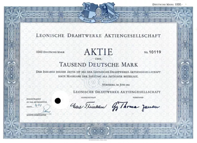 Leonische Drahtwerke AG, Nürnberg/Roth, 1961 (Aktie zu 1.000 DM)