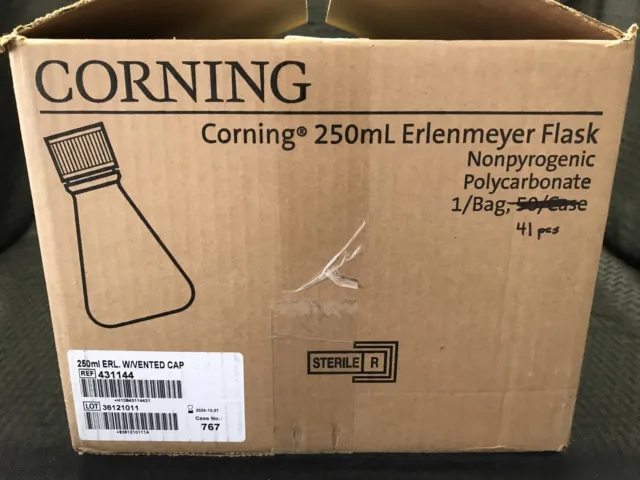 (41) CORNING 250mL PC Graduated Erlenmeyer Flask Vented Cap Sterile 431144