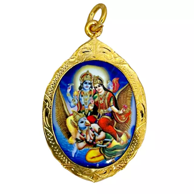 Lord Vishnu Lakshmi Goddess on Garuda Om Amulet Pendant Gold Micron Plated Case