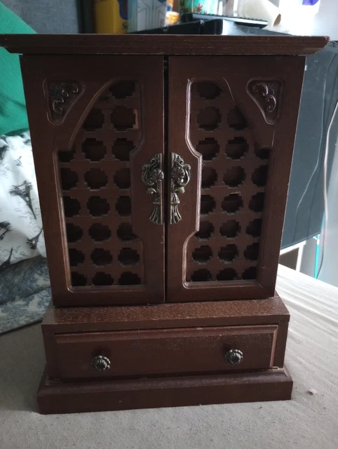 Vintage Wood Jewlry Box Made In Japan Sewing Cabinet Trinket Case